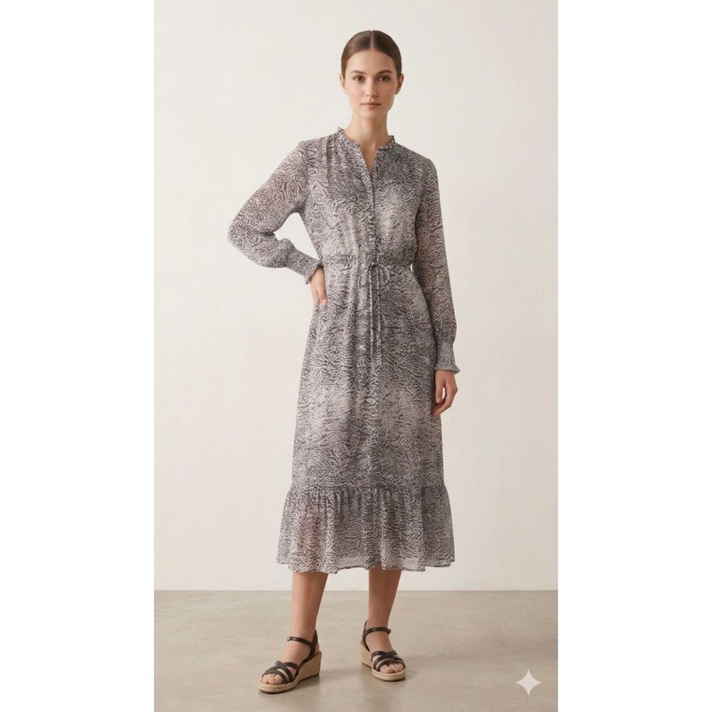 Reset by Jane Long Sleeve Navy Patterned Midi Dress S Ruffled Chic Feminine
